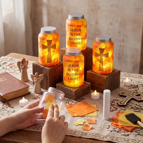 Qinyoung 12 Sets Religious Cross Crafts Jesus Lights The Way Mason Jars Tissue Paper Crafts with LED Candle Light Make Your Own VBS Mason Jars Decoration for Camping Sunday School Projects Activity