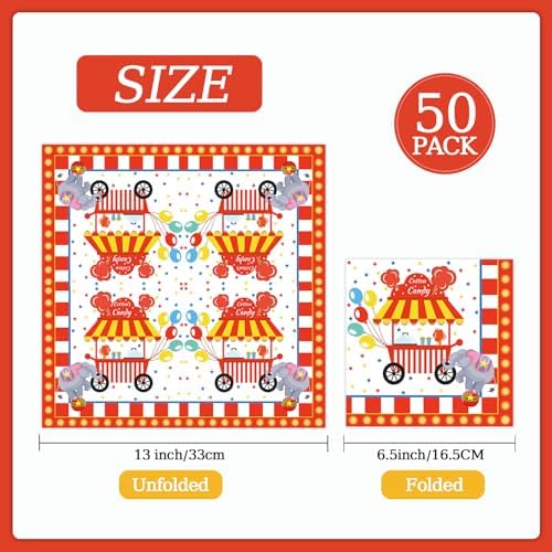 50 Pcs Carnival Paper Napkins 6.5 x 6.5 Inches, Circus Birthday Theme Disposable Luncheon Dinner Party Napkins Cocktail Napkin for Baby Shower Birthday Party Decorations (Carnival)