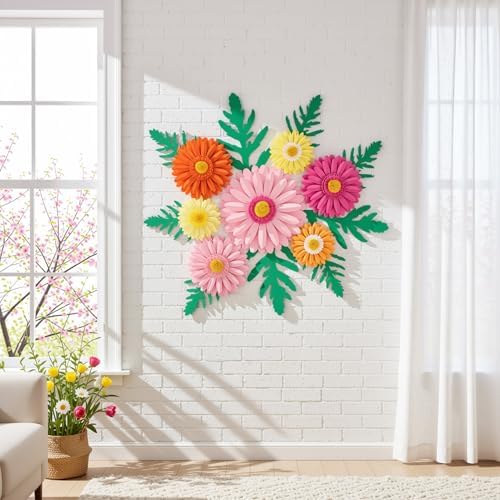 PAPER JAZZ Paper Flower Wall Decor, Handmade 3D Daisy Party Decoration Large Paper Flower in Pink, Orange, Yellow with Green Leaves, Modern Home Wall Art for Bulletin Board,Easter