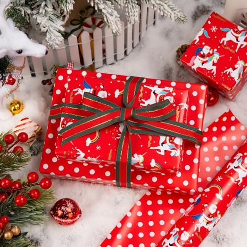 MAYPLUSS Christmas Wrapping Paper Roll - 17 Inch X 33 Feet - Reversible Fairytale Christmas Red Unicorn, Santa Claus, Rainbow, Polka Dot Design Holiday Winter Gift Wrap for Wedding, Party,Celebration