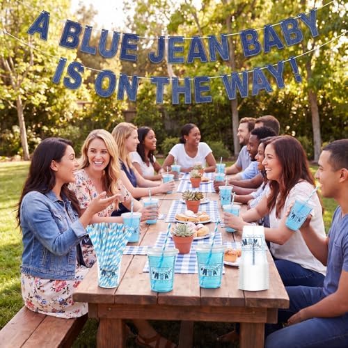 FillTouch 50 Pcs a Blue Jean Baby Is on the Way Cups Bulk Blue Jean Baby Shower Party Decoration Denim Theme Plastic Cups Rustic Cowboy Disposable Tumblers for Birthday Gender Reveal Party Supplies