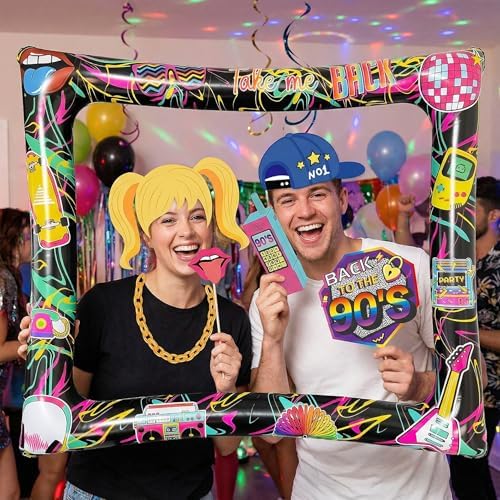 90s Inflatable Photo Frame & Props, 25Pcs Back to The 90s Photo Booth Props with Inflatable Selfie Picture Frame for 1990s Throwback Birthday Party Supplies