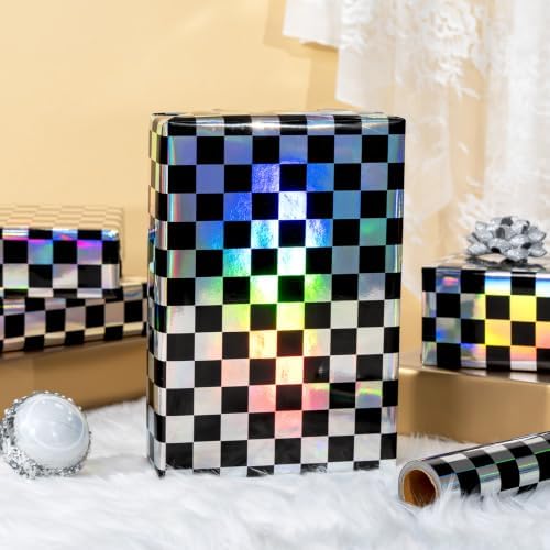 MAYPLUSS Black Gift Wrapping Paper, 17in x 33ft Holographic Checkered Wrap