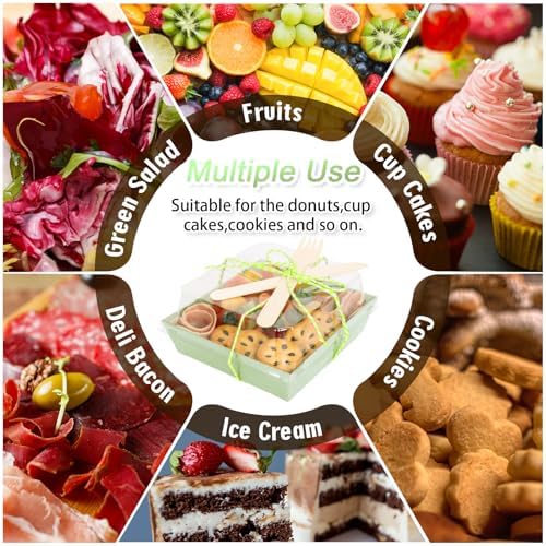 Whaline 50 Set Green Charcuterie Boxes with Clear Lids Forks Knives 4.7 x 4.3 In Clear Mini Dessert Disposable Food Containers Cake Take out Bakery Boxes for Wedding Birthday Sandwich Cookies Sushi