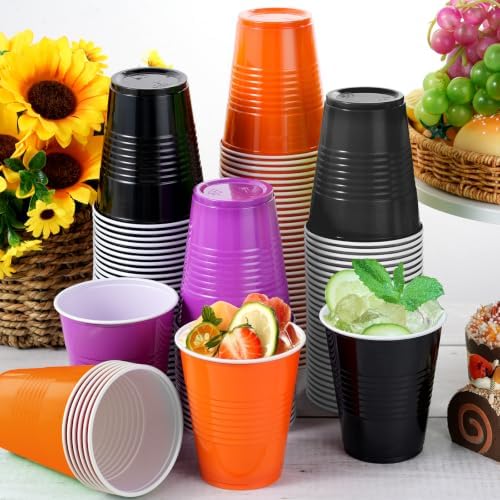 100 Pcs Bulk Halloween Plastic Cups 12 oz, Black Orange Purple Party Cups