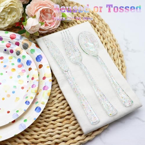 150 Pack Clear Plastic Silverware - Disposable Cutlery with Colorful Design, Includes 50 Forks, 50 Knives, 50 Spoons for Birthday, Wedding, Baby Shower