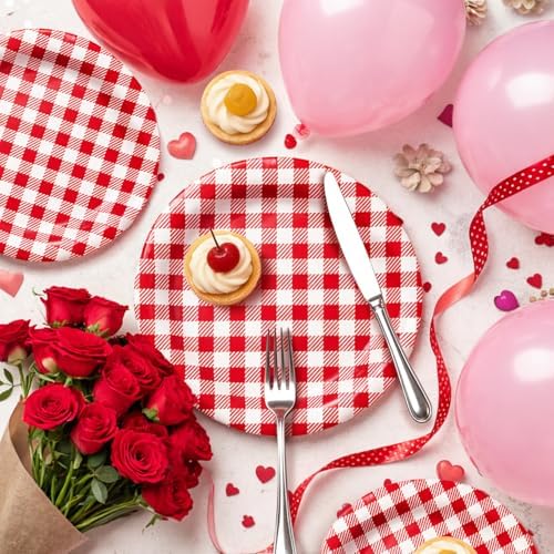 Vyntra 50 Pcs Red Gingham 9 Inch Round Paper Dinner Plates