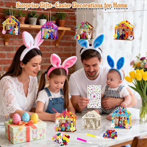8Pcs Christian Easter Crafts Wooden House for Boy Girl & Adult, Religious Easter Activities DIY Kit with Jesus He Is Risen Egg Bunny, Spring Bible Art Gift for Basket Stuffers Party Favors Decor Bulk