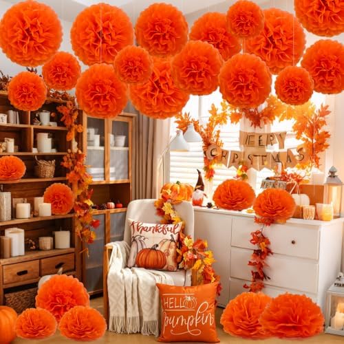 Recosis Orange Party Decorations, 18 Pcs Paper Pom Poms Decorations