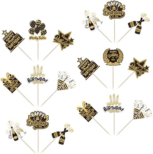 40 PCS Happy Birthday Cupcake Toppers Double Sided Balloon Star Cheers Party Time Happy Birthday Cupcake Picks for Celebrating Anniversary Theme Party Cake Decorations Supplies Black Gold