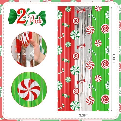 Blosssound 2 Packs Christmas Candy Foil Fringe Curtains 3.3x6.6ft Xmas