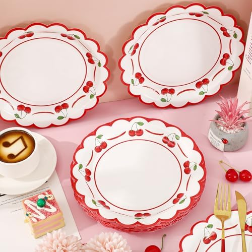 JarThenaAMCS 50 Pcs Cherry Paper Plates Scalloped Disposable Plate Red Decorative Tableware for Holiday Party Decor Supplies, 9 In
