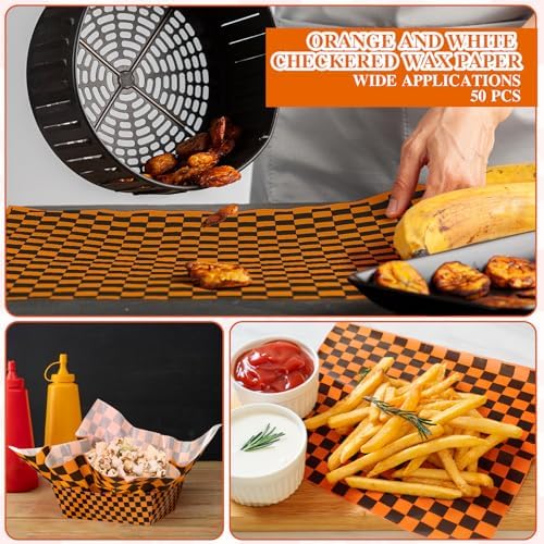 Geosar 100 Pcs Gingham Paper Food Tray with Wax Paper,Orange Black