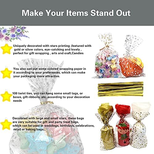 100 Pcs Star Printed 7"X 12" Gift Wrap Cello Cellophane Treat Bags Party Favor bags Clear Candy Cookie Bags Plastic Poly Goodie Storage Bags with Twist Ties for Bakery,Birthday, Wedding ,Party Decorations (Silver)