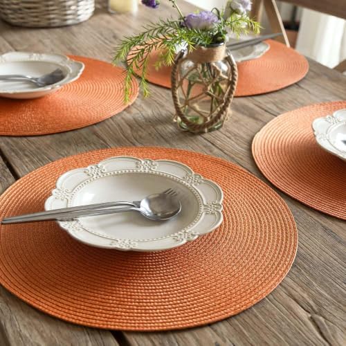 FunWheat Round Braided Placemats Set of 12 Place Mats for Dining Table Woven Washable Non-Slip Table Mats 15 Inch(Pumpkin Orange,12pcs)