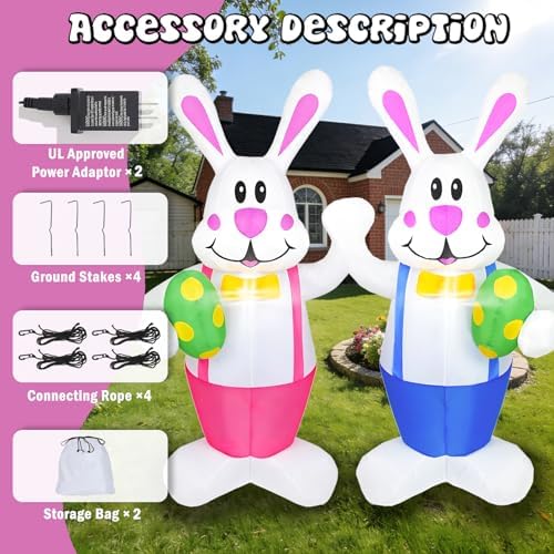 Set of 2PCS, 6.2FT H Lovely Spring Inflatable Bunnies Holding Easter Egg, Easter Bunny Blow up Yard Decorations Giant Bunny for Holiday Party Indoor Outdoor Decorations