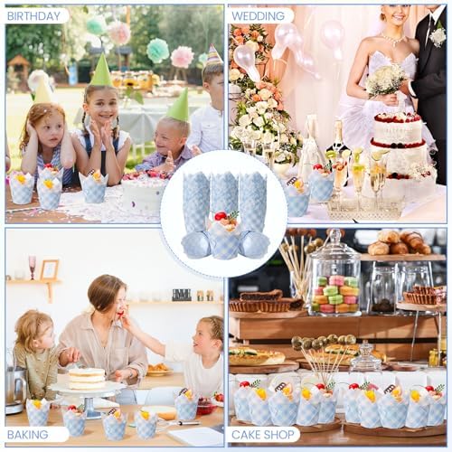 Maxdot 200 Pcs Blue Gingham Tulip Cupcake Liners for Baking Plaid Paper Muffin Baking Cups Checkered Tulip Muffin Liners Wrappers for Bridal Baby Shower Wedding Birthday Party Decor