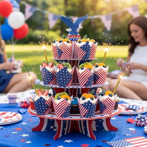 Maxdot 200 Pcs Patriotic Tulip Cupcake Liners for Baking 4th of July Muffin Baking Cups Red Blue White Stars Stripes Tulip Muffin Liners Wrappers for Independence Day Memorial Day Party Supplies