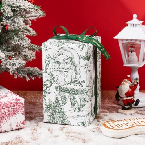 RUSPEPA Kraft Christmas Wrapping Paper Set, Jumbo Roll, Red Green Vintage Toile Santa, Tree, Deer & Winter Scene Design Gift Wrap for Xmas Holiday, Rustic Party, 4 Rolls, 30 Inches x 10 Feet per Roll