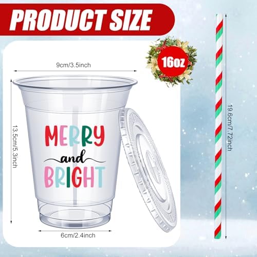 Jingmore 50 Sets Christmas Disposable Plastic Cups with Lids and Straws