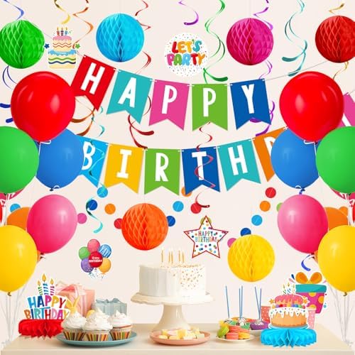 Happy Birthday Decorations Kit: Happy Birthday Banner,Birthday Circle Confetti Garland, Swirl Streamers, Honeycomb Balls, Birthday Balloons and Honeycomb Centerpiece for Kids' Birthday Party Supplies
