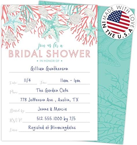 Beach Bridal Shower Invitations Set of 25 Cards and Envelopes, Fill-In Style with Corals, Shells and Starfish. Printed on Heavy 140lb Card Stock.
