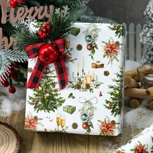 MAYPLUSS Christmas Wrapping Paper Roll - 17 In x 33 Feet - Cute Watercolor Christmas Tree Candle Pinecone Goblet Gift Wrap Paper for New Year, Holiday, Kids