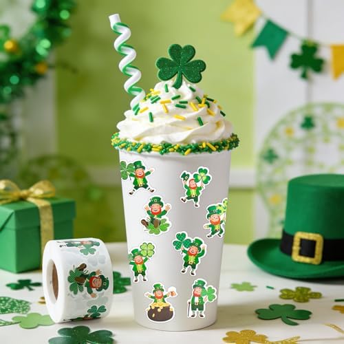 St Patricks Day Stickers Roll, 1.2" 1000 PCS Green Leprechaun Shamrock Clover Self Adhesive Sticker Decals for Seals Crafts Card Gift Scrapbook St. Patrick's Day Decorations Irish Holiday Party Favor