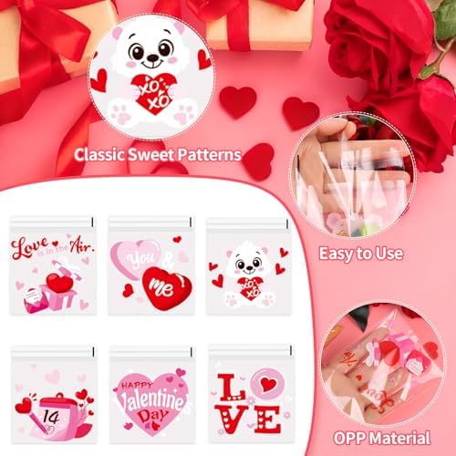 FOIMAS 300pcs Valentine's Day Cellophane Treat Bags Self Adhesive Candy Cookie Gift Bags Heart Goodie Bags for Valentine's Day Party Supplies