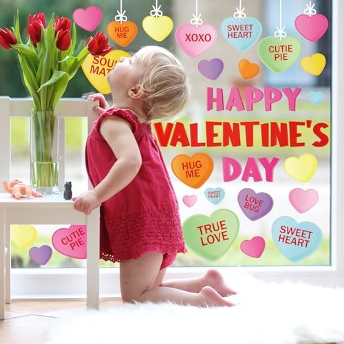 Whaline Happy Valentine's Day Window Clings Conversation Candy Heart Window Decals Double-Side Glass Decals for Home Party Supplies, 7.9 x 11.8 Inch, 9 Sheets