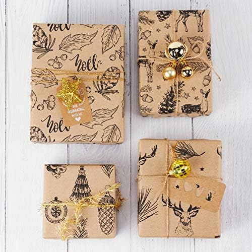 RUSPEPA Christmas Wrapping paper - Brown Kraft Paper with Black Christmas Elements Print Paper - 4 Roll-30Inch X 10Feet Per Roll
