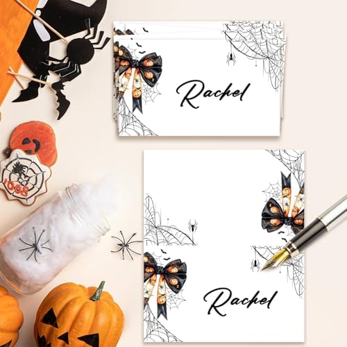 Halloween Place Cards for Table Setting, Bow Tent Cards Decor For Birthday Baby Shower Autumn Party Reception Decorations, Bridal Shower Place Card, 25 Pack Birthday Food Name Card 2 x 3.5" /031