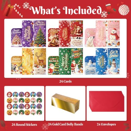 Jaywayang 24 Pack Christmas Money Holders Cards, 6 Styles Xmas Cash Gift Card with Red Envelopes & Holiday Sealing Stickers