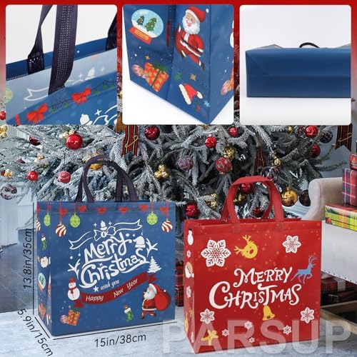PARSUP 16PCS Christmas Gift Bags with Handles, Assorted Sizes Tote for Treat, Non-Woven Christmas Bags for Gift Wrapping, Xmas Party Supplies