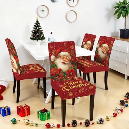 Christmas Chair Covers Set of 4, Santa Claus Dining Chair Slipcovers with Poinsettia Flowers and “Merry Christmas” for Holiday Décor