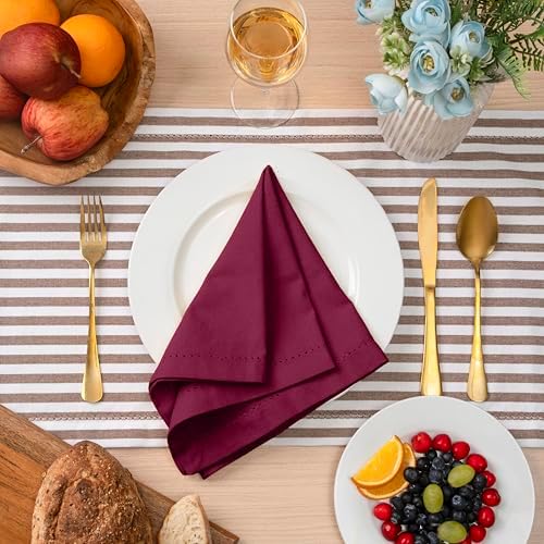 Blue Needles Set of 12 Hemstitch Linen Napkins 100% Cotton Burgundy Cloth Dinner Napkins 18x18 inches, Soft, Reusable, Absorbent, Washable, Ideal for Spring Summer Easter Event, Parties & Everyday Use