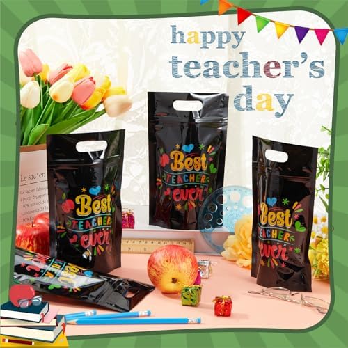 Engrowtic 100 Pcs Back to School Teacher Gift Bags Resealable First Day of School Teacher Treat Bag Bulk Thank You Goodie Pouches with Handles for Classroom Preschool Kindergarten Supplies