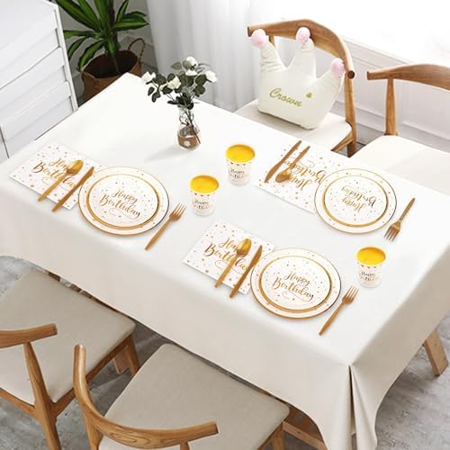 White and Gold Happy Birthday Party Plates, 168PCS Birthday Party Supplies