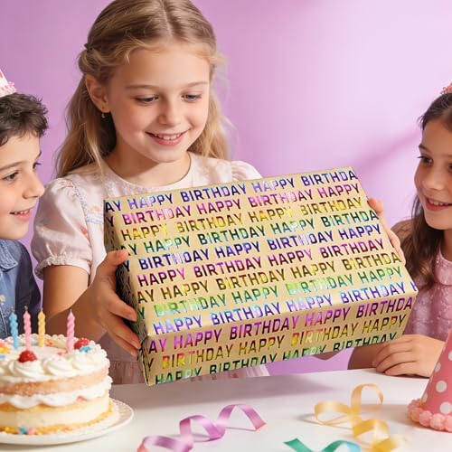 WRAPAHOLIC Kraft Birthday Wrapping Paper Roll - 3 Mini Rolls - 17 Inch x 120 Inch Per Roll - Rainbow Foi Happy Birthday Wrapping Paper for Boys Girls Kids, Baby Shower