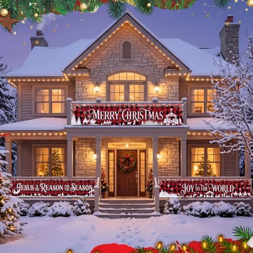 Remagr 3 Pcs Christmas Nativity Banner 98 x 18 Inch Party Decorations Outdoor Yard Sign Backdrop, Red Buffalo Plaid Jesus Birth Wall Decor for Christian Xmas Celebration Lawn Garden(Jesus)