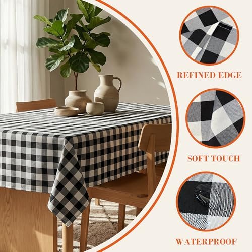 Waterproof Gingham Tablecloth, Checkered Fabric Table Cover for Kitchen Dining, Black & White Plaid Table Cloth, Rectangle Table Cloth for Indoor Outdoor Use, W60 x L84 in