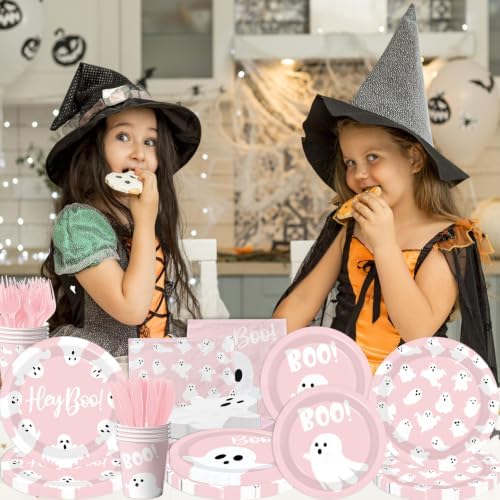 Halloween Paper Plates and Napkins, 144Pcs Pink Halloween Decor Ghost Plates and Napkins Cute Boo Ghost Tableware Set for Hallo-ween Birthday Party Decorations Boo Baby Shower Party Supplies (Pink)