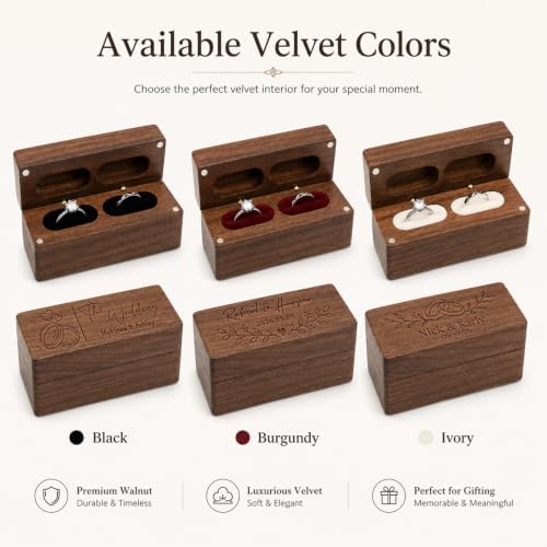 Personalized Wedding Ring Box Engraved with Name Date Text, Custom 2 Slot Wooden Ring Bearer Boxes for Ceremony Proposal Anniversary Engagement Gifts for Couples Bride Groom Him Her (Rectangle