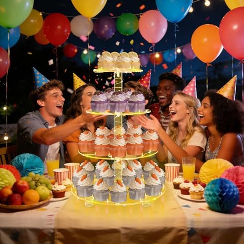 YestBuy 4 Tier Round Cupcake Stand with Yellow Lights for Party