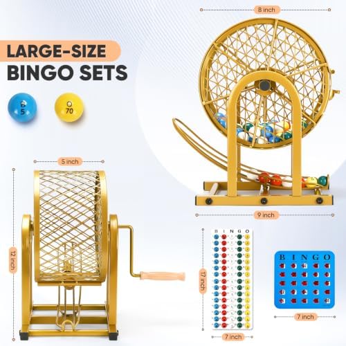HVDI 12" Bingo Game Set, 10 Reusable Bingo Cards with Sliding Windows Bingo Sets, High-Definition Printed Bingo Balls with Cage & Storage Bag for Game Night Adults Large Group Family Parties
