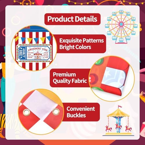 73 x 36 Inches Carnival Ticket Booth Banner Door Cover – Amusement Park Photo Booth Backdrop with Balloons, Striped Tent and “We Are Open” Sign, Movie Theater Theme Party Decorations for Kids Birthday
