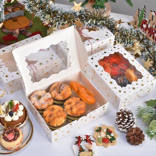 12Pcs 8"x6"x2.5" Christmas Cookie Boxes with Window, White Gold-Star