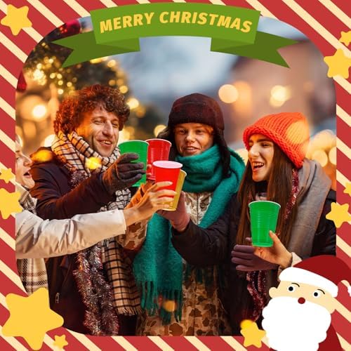 JarThenaAMCS 150Pcs Christmas Plastic Cups 16Oz Red Green Gold Disposable Drinking Cup Stackable Party Cups for Winter Xmas Birthday Party Supplies