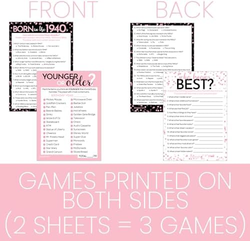 Pink and Black 80th Birthday Games Set, Born in the 1940s, 20 Guests