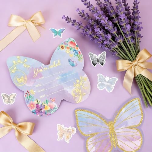 20 Sets Butterfly Birthday Invitations with Envelopes and Stickers for Girls Butterfly Theme Birthday Party,Baby Shower Wedding, 4.7 x 6 Inch
